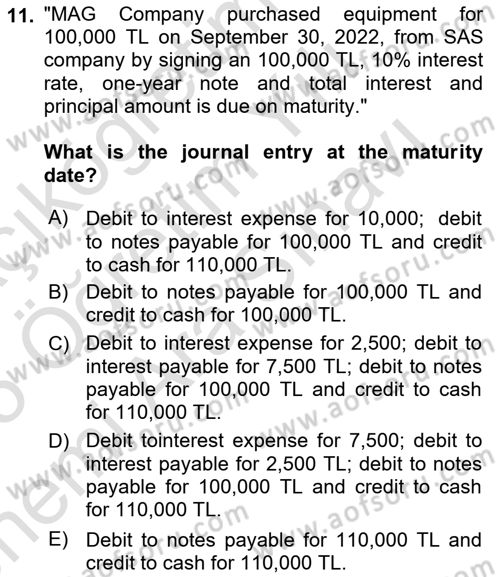 Accounting 2 Dersi 2024 - 2025 Yılı (Vize) Ara Sınav Soruları 11. Soru