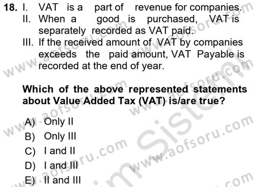 Accounting 2 Dersi 2024 - 2025 Yılı (Vize) Ara Sınav Soruları 18. Soru