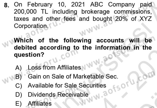 Accounting 2 Dersi 2024 - 2025 Yılı (Vize) Ara Sınav Soruları 8. Soru