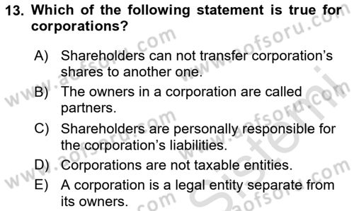 Accounting 2 Dersi 2024 - 2025 Yılı (Final) Dönem Sonu Sınav Soruları 13. Soru