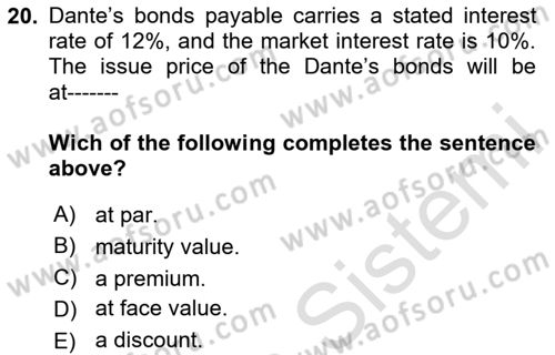 Accounting 2 Dersi 2024 - 2025 Yılı (Final) Dönem Sonu Sınav Soruları 20. Soru
