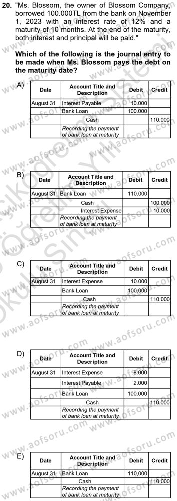 Accounting 2 Dersi 2024 - 2025 Yılı Yaz Okulu Sınav Soruları 20. Soru