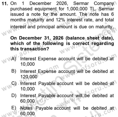 Accounting 2 Dersi 2025 - 2026 Yılı (Vize) Ara Sınav Soruları 11. Soru