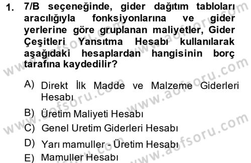 Maliyet Muhasebesi Dersi 2013 - 2014 Yılı (Vize) Ara Sınav Soruları 1. Soru