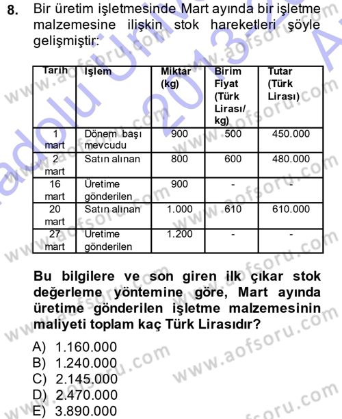 Maliyet Muhasebesi Dersi 2013 - 2014 Yılı (Vize) Ara Sınav Soruları 8. Soru