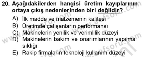 Maliyet Muhasebesi Dersi 2013 - 2014 Yılı Tek Ders Sınav Soruları 20. Soru