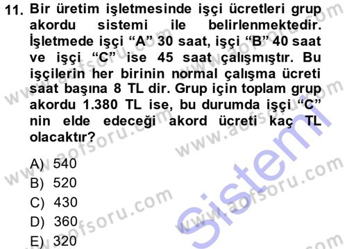 Maliyet Muhasebesi Dersi 2014 - 2015 Yılı (Vize) Ara Sınav Soruları 11. Soru