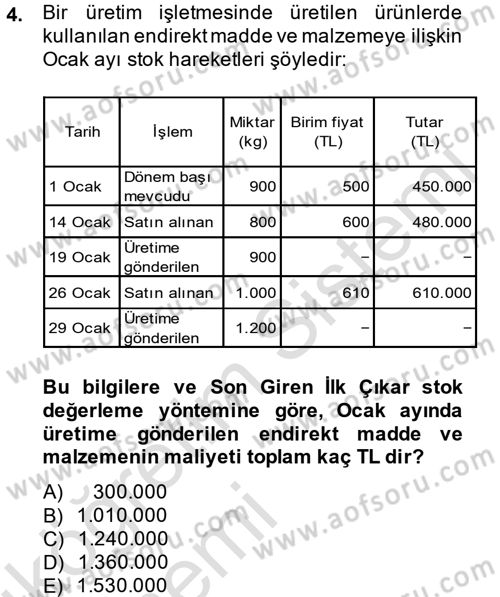 Maliyet Muhasebesi Dersi 2014 - 2015 Yılı Tek Ders Sınav Soruları 4. Soru