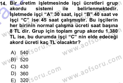 Maliyet Muhasebesi Dersi 2015 - 2016 Yılı (Vize) Ara Sınav Soruları 14. Soru