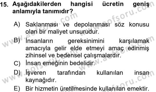 Maliyet Muhasebesi Dersi 2015 - 2016 Yılı (Vize) Ara Sınav Soruları 15. Soru