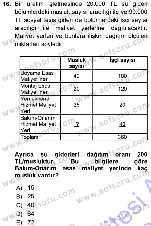 Maliyet Muhasebesi Dersi 2015 - 2016 Yılı (Vize) Ara Sınav Soruları 16. Soru