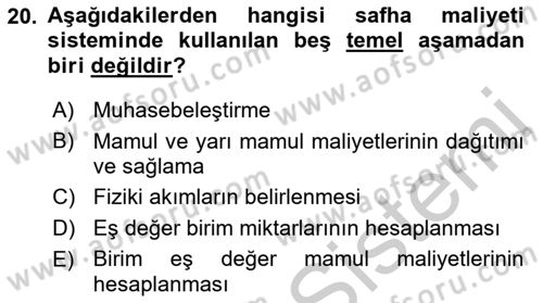 Maliyet Muhasebesi Dersi 2016 - 2017 Yılı 3 Ders Sınav Soruları 20. Soru
