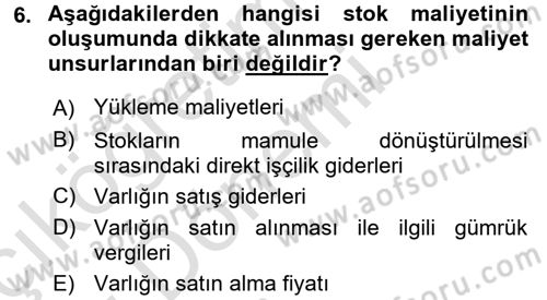 Maliyet Muhasebesi Dersi 2016 - 2017 Yılı (Vize) Ara Sınavı 6. Soru