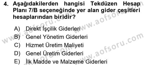 Maliyet Muhasebesi Dersi 2017 - 2018 Yılı 3 Ders Sınav Soruları 4. Soru