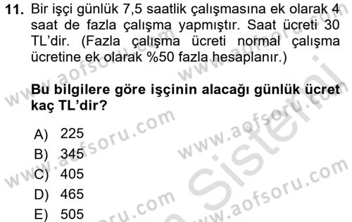 Maliyet Muhasebesi Dersi 2017 - 2018 Yılı (Vize) Ara Sınavı 11. Soru