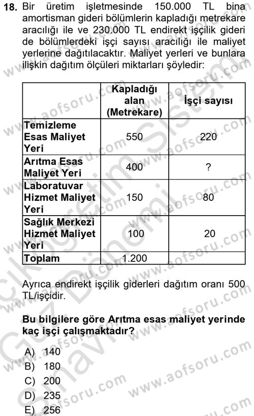 Maliyet Muhasebesi Dersi 2017 - 2018 Yılı (Vize) Ara Sınavı 18. Soru