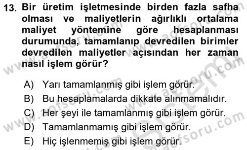 Maliyet Muhasebesi Dersi 2019 - 2020 Yılı (Final) Dönem Sonu Sınav Soruları 13. Soru