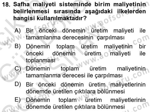Maliyet Muhasebesi Dersi 2019 - 2020 Yılı (Final) Dönem Sonu Sınav Soruları 18. Soru