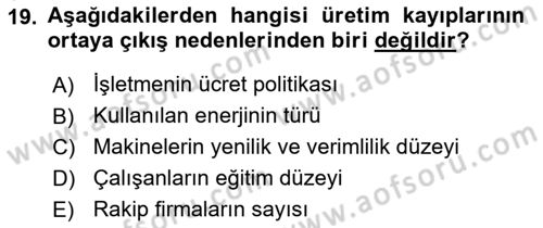 Maliyet Muhasebesi Dersi 2019 - 2020 Yılı (Final) Dönem Sonu Sınav Soruları 19. Soru