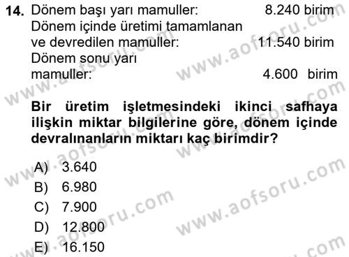 Maliyet Muhasebesi Dersi 2022 - 2023 Yılı (Final) Dönem Sonu Sınav Soruları 14. Soru