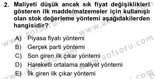Maliyet Muhasebesi Dersi 2022 - 2023 Yılı (Final) Dönem Sonu Sınav Soruları 2. Soru