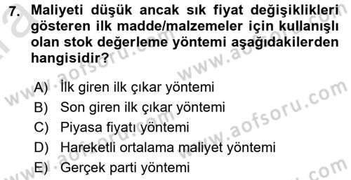 Maliyet Muhasebesi Dersi 2024 - 2025 Yılı (Vize) Ara Sınav Soruları 7. Soru