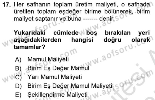 Maliyet Muhasebesi Dersi 2024 - 2025 Yılı (Final) Dönem Sonu Sınav Soruları 17. Soru