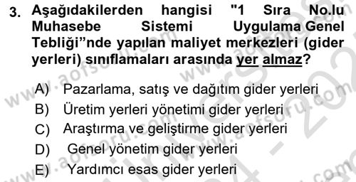 Maliyet Muhasebesi Dersi 2024 - 2025 Yılı (Final) Dönem Sonu Sınav Soruları 3. Soru