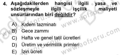 Maliyet Muhasebesi Dersi 2024 - 2025 Yılı (Final) Dönem Sonu Sınav Soruları 4. Soru