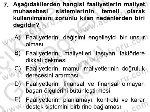 Maliyet Muhasebesi Dersi 2024 - 2025 Yılı (Final) Dönem Sonu Sınav Soruları 7. Soru