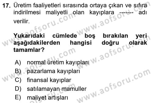 Maliyet Muhasebesi Dersi 2024 - 2025 Yılı Yaz Okulu Sınav Soruları 17. Soru