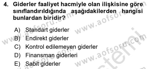 Maliyet Muhasebesi Dersi 2024 - 2025 Yılı Yaz Okulu Sınav Soruları 4. Soru