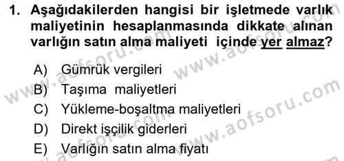 Maliyet Muhasebesi Dersi 2025 - 2026 Yılı (Vize) Ara Sınav Soruları 1. Soru