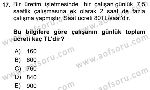Maliyet Muhasebesi Dersi 2025 - 2026 Yılı (Vize) Ara Sınav Soruları 17. Soru