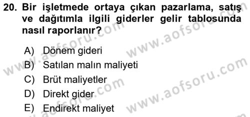 Maliyet Muhasebesi Dersi 2025 - 2026 Yılı (Vize) Ara Sınav Soruları 20. Soru