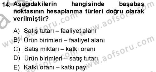 Maliyet Yönetimi Dersi 2014 - 2015 Yılı (Vize) Ara Sınavı 14. Soru