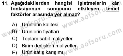 Maliyet Yönetimi Dersi 2017 - 2018 Yılı (Vize) Ara Sınavı 11. Soru