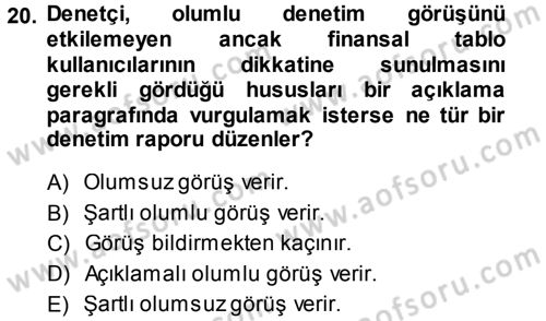 Muhasebe Denetimi ve Mali Analiz Dersi 2013 - 2014 Yılı (Vize) Ara Sınav Soruları 20. Soru