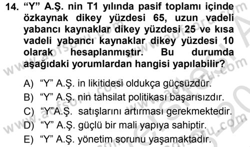 Muhasebe Denetimi ve Mali Analiz Dersi 2013 - 2014 Yılı Tek Ders Sınav Soruları 14. Soru
