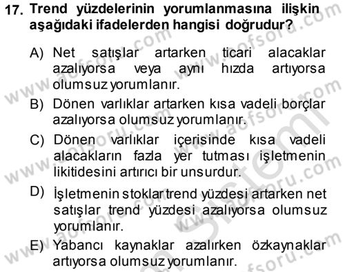 Muhasebe Denetimi ve Mali Analiz Dersi 2013 - 2014 Yılı Tek Ders Sınav Soruları 17. Soru