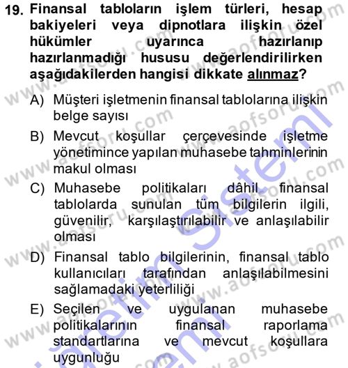 Muhasebe Denetimi ve Mali Analiz Dersi 2014 - 2015 Yılı (Vize) Ara Sınav Soruları 19. Soru
