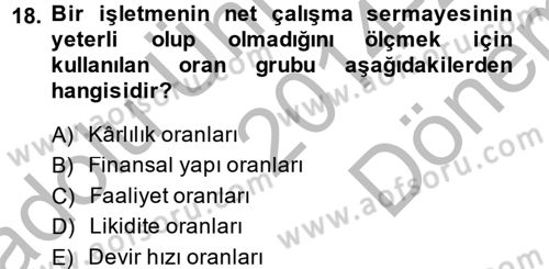 Muhasebe Denetimi ve Mali Analiz Dersi 2014 - 2015 Yılı (Final) Dönem Sonu Sınav Soruları 18. Soru
