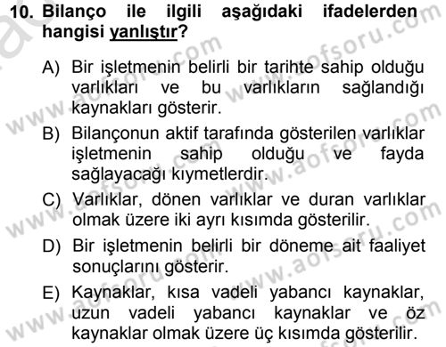 Muhasebe Denetimi ve Mali Analiz Dersi 2014 - 2015 Yılı Tek Ders Sınav Soruları 10. Soru