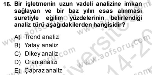 Muhasebe Denetimi ve Mali Analiz Dersi 2014 - 2015 Yılı Tek Ders Sınav Soruları 16. Soru