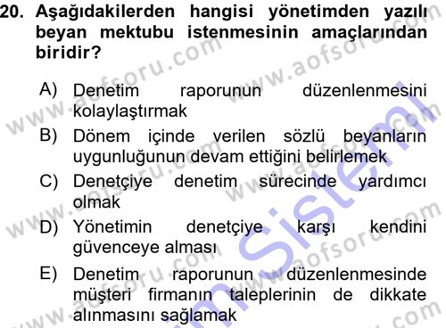 Muhasebe Denetimi ve Mali Analiz Dersi 2015 - 2016 Yılı (Vize) Ara Sınav Soruları 20. Soru