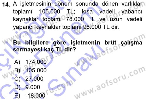 Muhasebe Denetimi ve Mali Analiz Dersi 2015 - 2016 Yılı (Final) Dönem Sonu Sınav Soruları 14. Soru
