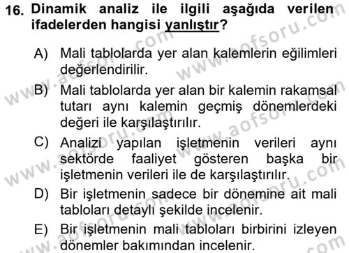 Muhasebe Denetimi ve Mali Analiz Dersi 2015 - 2016 Yılı (Final) Dönem Sonu Sınav Soruları 16. Soru