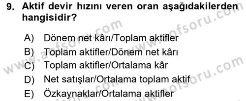 Muhasebe Denetimi ve Mali Analiz Dersi 2015 - 2016 Yılı (Final) Dönem Sonu Sınav Soruları 9. Soru