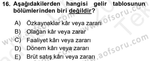 Muhasebe Denetimi ve Mali Analiz Dersi 2015 - 2016 Yılı Tek Ders Sınav Soruları 16. Soru