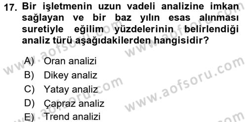 Muhasebe Denetimi ve Mali Analiz Dersi 2015 - 2016 Yılı Tek Ders Sınav Soruları 17. Soru